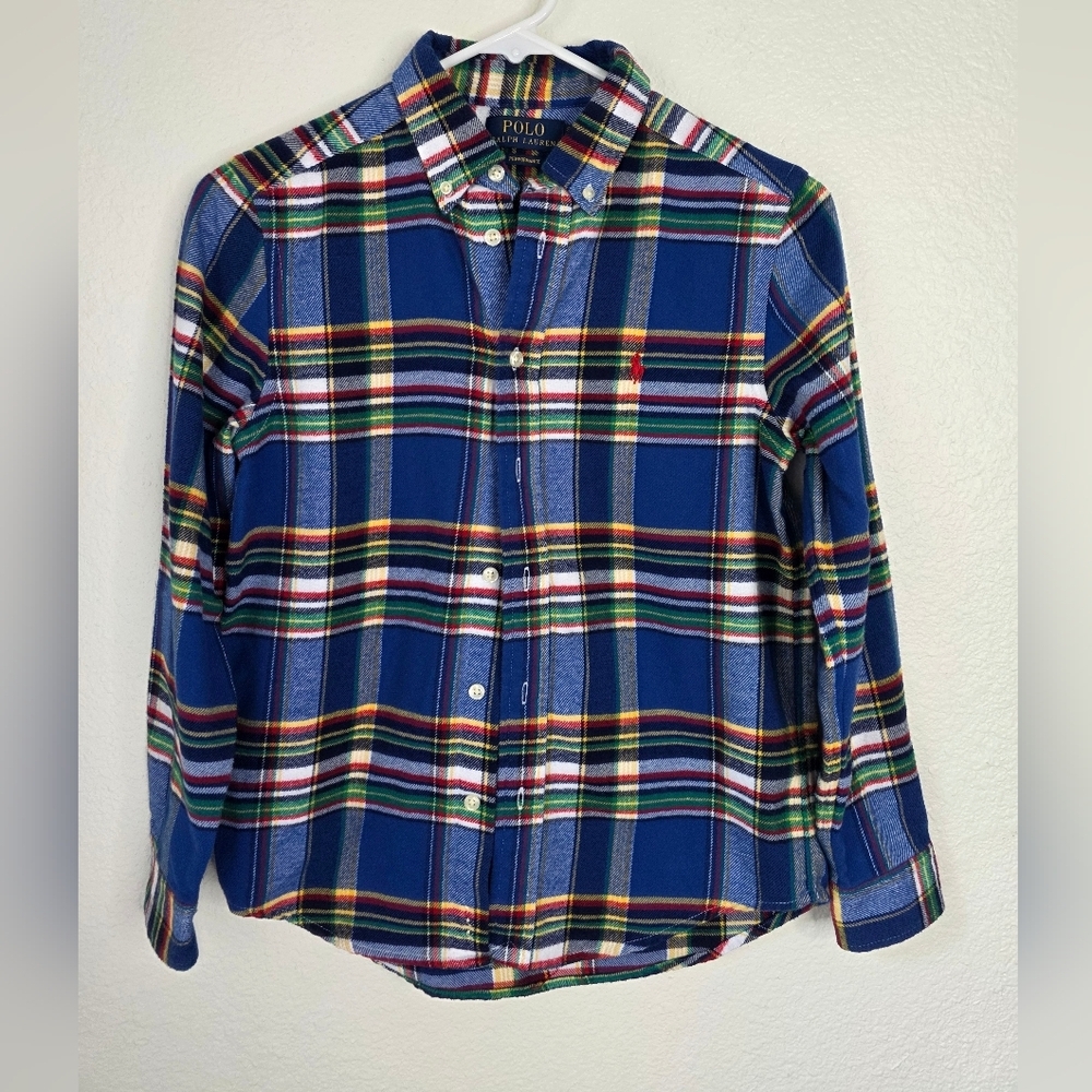 Polo Ralph Lauren boys flannel button down, Navy blue plaid, Size M 10-12